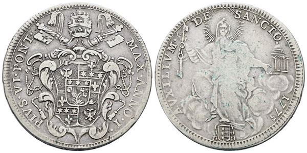 STATO PONTIFICIO. ROMA. Pio VI (1775-1799). Mezzo scudo 1775, anno I. Ag; 13gr; Munt.20; MIR 2765/1; BB