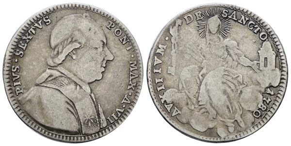 STATO PONTIFICIO. ROMA. Pio VI (1775-1799). Quinto di scudo, doppio giulio 1780, anno VII. Ag; 5gr; Munt.39a; MIR 2770/13; Q.BB
