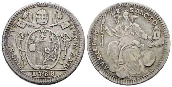 STATO PONTIFICIO. ROMA. Pio VI (1775-1799). Quinto di scudo, doppio giulio 1788. Ag; 5gr; Munt.45; MIR 2771/9; BB/SPL