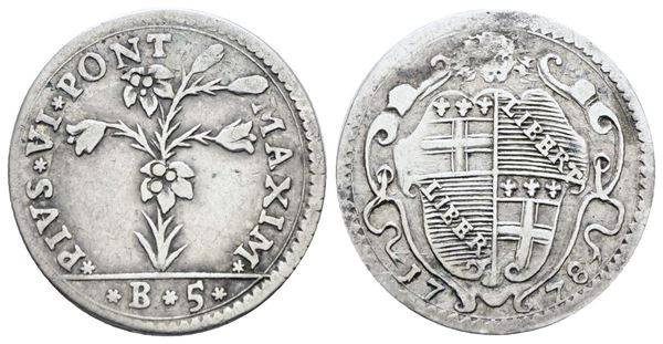STATO PONTIFICIO. BOLOGNA. Pio VI (1775-1799). 5 baiocchi 1778. Ag; 1,45gr; Munt.230; MIR 2837/1; BB
