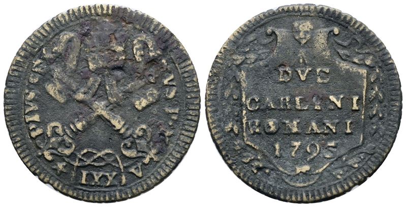 Stato Pontificio. Roma. Pio Vi (1775--1799) 2 Carlini Romani 1795. Mi; 5,4gr; Mir 2781/5; Mb