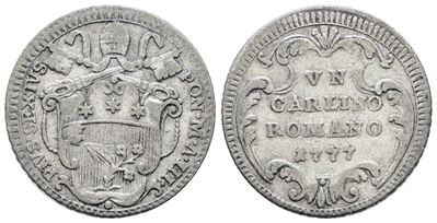 Pio VI, Carlino romano 1777, 2,8 gr, Munt. 86, MIR 2785/1