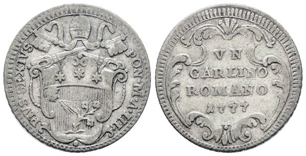 STATO PONTIFICIO. ROMA. Pio VI (1775-1799). Carlino romano 1777. Mi; 2,8gr; Munt.86; MIR 2785/1; BB