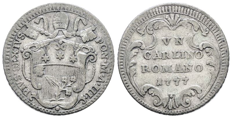 Pio VI, Carlino romano 1777, 2,8 gr, Munt. 86, MIR 2785/1