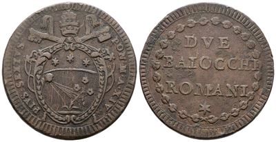 Pio VI, 2 baiocchi dell'anno XIV (1794), Rame, 27 g