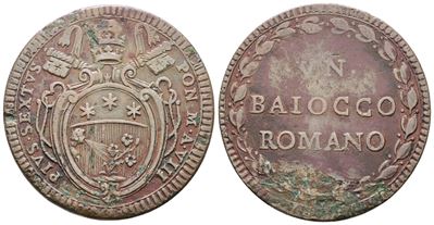 Stato Pontificio. Roma. Pio Vi (1775-1799). Baiocco Anno VIII. Cu; 13gr; Munt.126; Mir 2792/1; Ra...