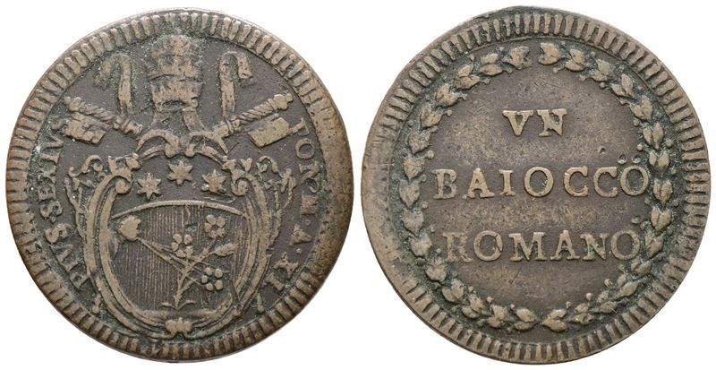 Pio VI, Baiocco dell'anno XI, Roma, 1799, Cu, 13gr
