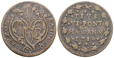 Stato Pontificio, Pio VI (1775-1799), Mezzo Baiocco 1784, Cu, 6gr