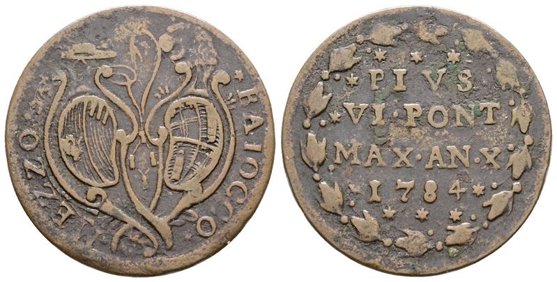 Stato Pontificio, Pio VI (1775-1799), Mezzo Baiocco 1784, Cu, 6gr
