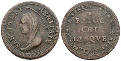 Stato Pontificio, Madonnina da 5 baiocchi, Pio VI (1775-1799), 1797, Cu, 16,9g, BB