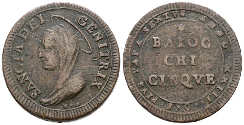 Stato Pontificio. Roma. Pio Vi (1775-1799). Madonnina da 5 Baiocchi 1797. Cu; 16,9gr; Munt.94; Mi...