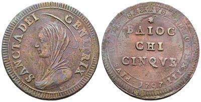 Pio VI, Moneta da 5 baiocchi, 1797, Cu