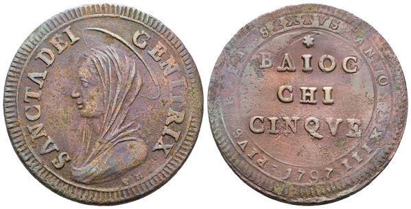 STATO PONTIFICIO. ROMA. Pio VI (1775-1799). Madonnina da 5 baiocchi 1797. Cu; 16,9gr; Munt.94; MIR 2798/1; BB/SPL