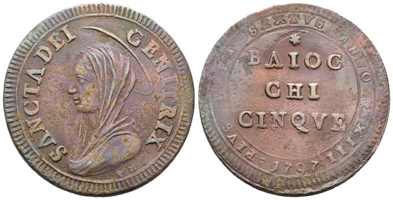 Pio VI, Moneta da 5 baiocchi, 1797, Cu