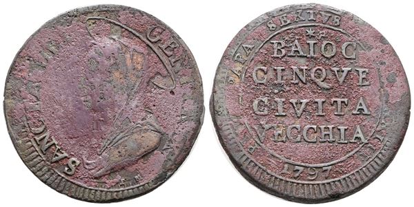 STATO PONTIFICIO. CIVITAVECCHIA. Pio VI (1775-1799). Madonnina da 5 baiocchi 1797. Cu; 16,9gr; Munt.304; MIR 2899/1; NC; MB/BB