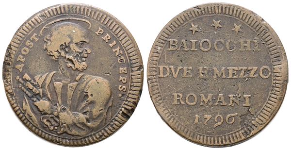 STATO PONTIFICIO. ROMA. Pio VI (1775-1799). Sampietrino da 2,5 baiocchi 1796. Cu; 16,9gr; Munt.98; MIR 2796/1; NC; BB