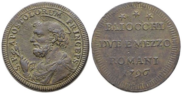 STATO PONTIFICIO. ROMA. Pio VI (1775-1799). Sampietrino da 2,5 baiocchi 1796. Cu; 16,9gr; Munt.99; MIR 2797/1; BB+