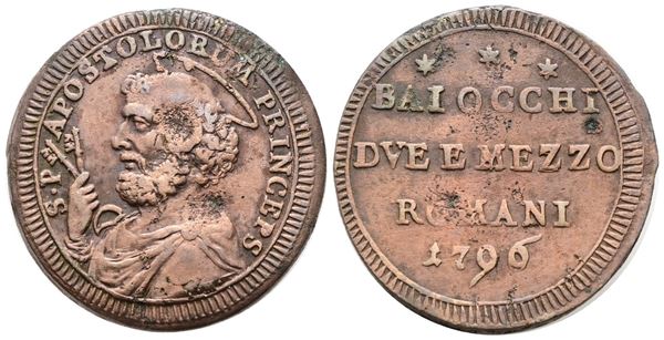 STATO PONTIFICIO. ROMA. Pio VI (1775-1799). Sampietrino da 2,5 baiocchi 1796. Cu; 16,9gr; Munt.99; MIR 2797/1; BB+