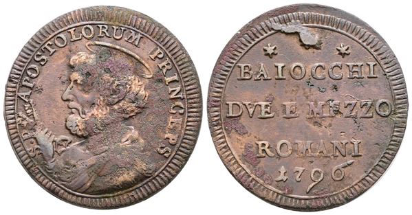 STATO PONTIFICIO. ROMA. Pio VI (1775-1799). Sampietrino da 2,5 baiocchi 1796. Cu; 16,9gr; Munt.99; MIR 2797/1; BB