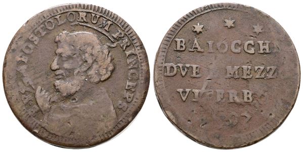 STATO PONTIFICIO. VITERBO. Pio VI (1775-1799). Sampietrino da 2,5 baiocchi 1797. Cu; 16,9gr; Munt.425; MIR 3021/2; MB/BB