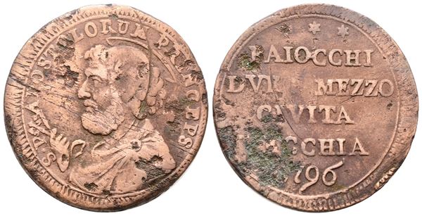 STATO PONTIFICIO. CIVITAVECCHIA. Pio VI (1775-1799). Sampietrino da 2,5 baiocchi 1796. Cu; 16,9gr; Munt.306; MIR 2898/2; Raro; Q.BB, ossidazioni