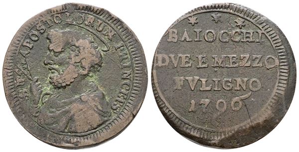 STATO PONTIFICIO. FOLIGNO. Pio VI (1775-1799). Sampietrino da 2,5 baiocchi 1796. Cu; 16,9gr; Munt.327; MIR 2933/1; RR; Q.BB