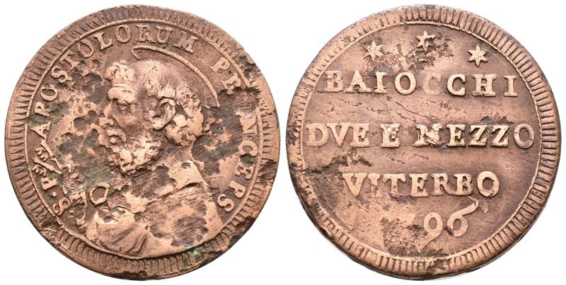 Stato Pontificio. Viterbo. Pio Vi (1775-1799). Sanpietrino 2,5 Baiocchi 1796. Cu; 16,9gr; Munt.42...