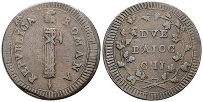 Moneta della Repubblica Romana, 2 baiocchi 'REPVBLICA', 1798-1799