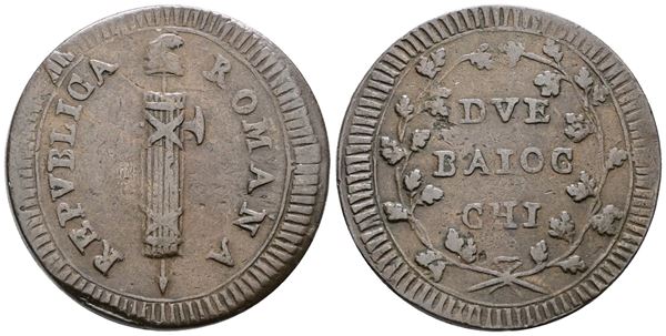 REPUBBLICA ROMANA (1798-1799). ROMA. 2 baiocchi "REPVBLICA". Cu; 16,9gr; Munt.; MIR 2870/9; RRRR; BB