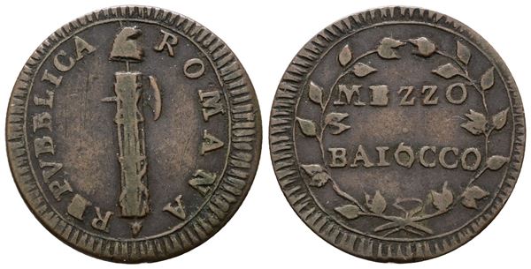 REPUBBLICA ROMANA (1798-1799). ROMA. Mezzo baiocco. Cu; 4,23gr; Munt.16; MIR 2874/1; NC; BB