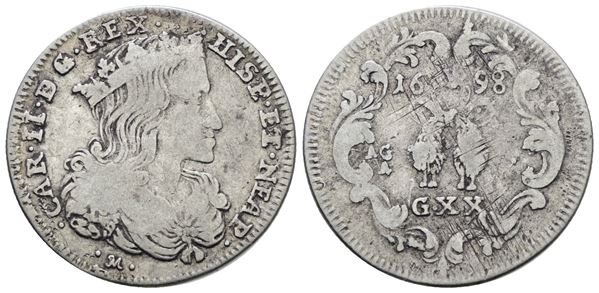 NAPOLI. REGNO DI NAPOLI. Carlo II di Spagna (1665-1700). Tarì 20 grana 1698. Ag; 4gr; P.R.25; MIR 300/7; Raro; MB/BB