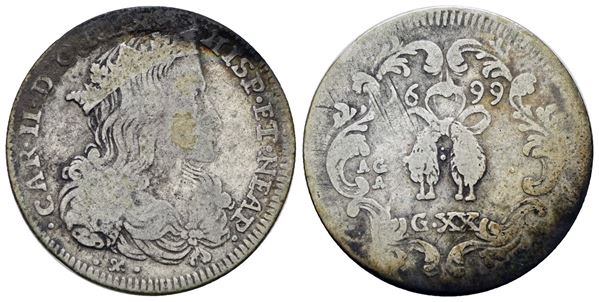 NAPOLI. REGNO DI NAPOLI. Carlo II di Spagna (1665-1700). Tarì 20 grana 1699. Ag; 4gr; P.R.26; MIR 300/8; MB