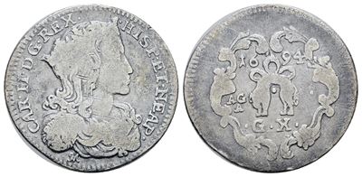 Napoli. Regno di Napoli. Carlo II di Spagna (1665-1700). Carlino 10 Grana 1694. Ag; 2gr; P.r.42; ...