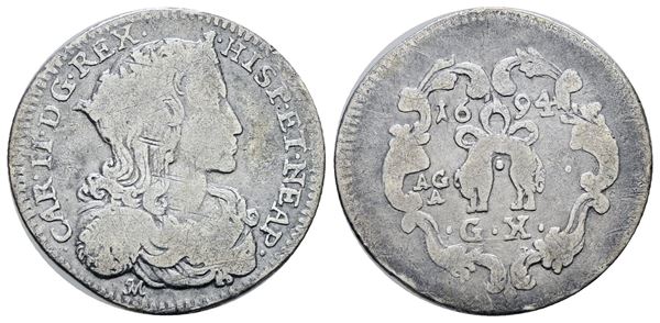 NAPOLI. REGNO DI NAPOLI. Carlo II di Spagna (1665-1700). Carlino 10 grana 1694. Ag; 2gr; P.R.42; MIR 303/4; MB