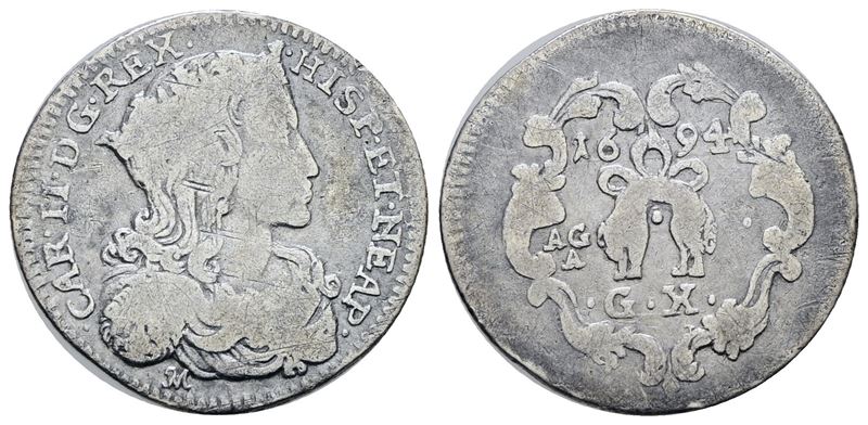 Napoli. Regno di Napoli. Carlo II di Spagna (1665-1700). Carlino 10 Grana 1694. Ag; 2gr; P.r.42; ...