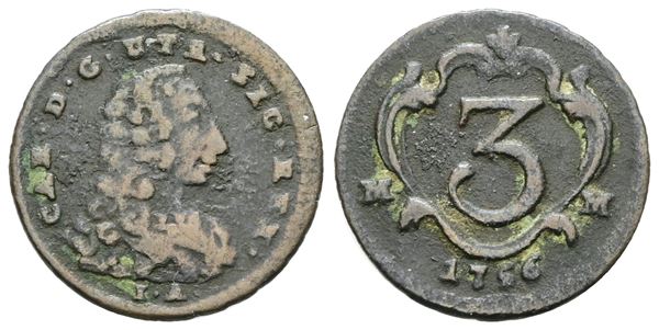 NAPOLI. REGNO DI NAPOLI. Carlo di Borbone (1734-1759). 3 cavalli 1756. Cu; 1,35gr; Gig.65; Raro; ; Q.BB
