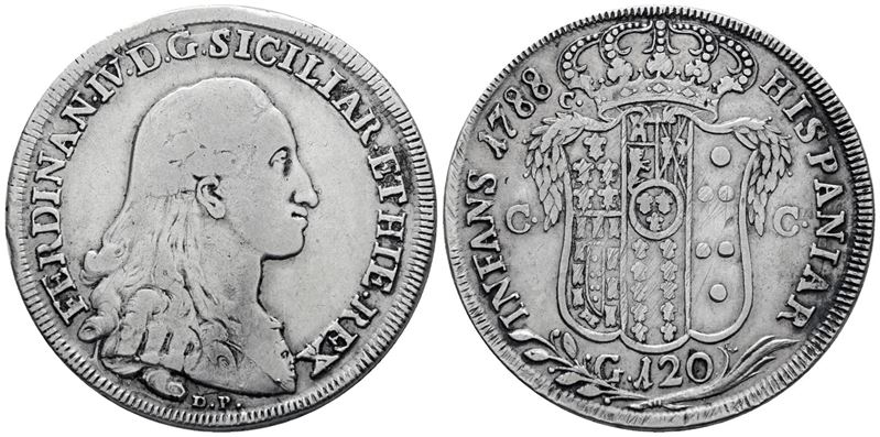 Ferdinando IV di Borbone, Piastra 120 grana del Regno di Napoli, 1788 DP, Argento
