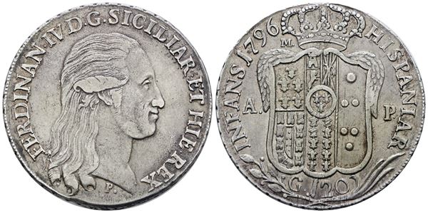 NAPOLI. REGNO DI NAPOLI. Ferdinando IV di Borbone (1759-1799 I per.). Piastra 120 grana 1796. Ag; 27,5gr; Gig.61; ; Q.SPL/SPL
