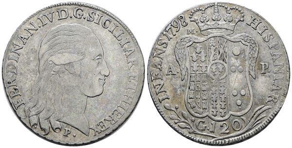 NAPOLI. REGNO DI NAPOLI. Ferdinando IV di Borbone (1759-1799 I per.). Piastra 120 grana 1798. Ag; 27,5gr; Gig.62; Q.SPL