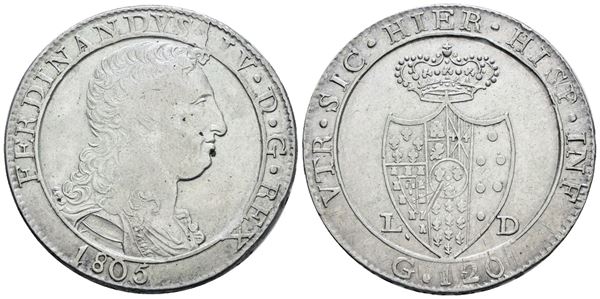 NAPOLI. REGNO DI NAPOLI. Ferdinando IV di Borbone (1799-1805 II per.). Piastra 120 grana 1805 "Capelli ricci". Ag; 27,5gr; Gig.71c; Raro; BB+