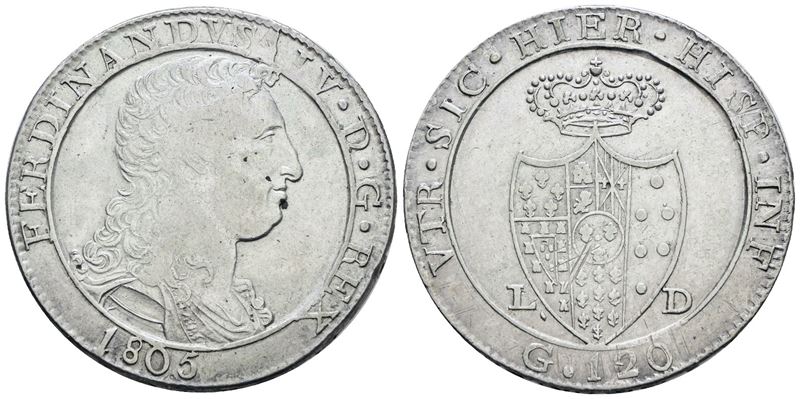 Ferdinando IV di Borbone, Piastra 120 grana 1805 'Capelli ricci'