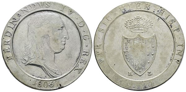 NAPOLI. REGNO DI NAPOLI. Ferdinando IV di Borbone (1799-1805 II per.). Piastra 120 grana 1805 "Capelli lisci". Ag; 27,5gr; Gig.72 1; NC; BB