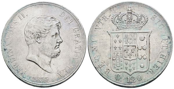 NAPOLI. REGNO DELLE DUE SICILIE. Ferdinando II di Borbone (1830-1859). Piastra 120 grana 1855. Ag; 27,5gr; Gig.86; Q.SPL