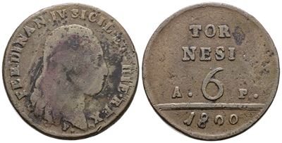 Ferdinando IV di Borbone, 6 tornesi 1800 AP, Regno di Napoli