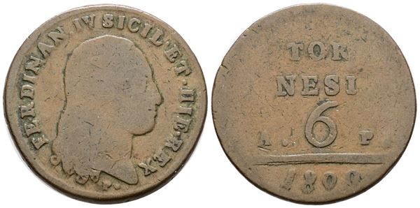 NAPOLI. REGNO DI NAPOLI. Ferdinando IV di Borbone (1799-1805 II per.). 6 tornesi 1800 AP. Cu; 18gr; Gig.118a; Raro; MB