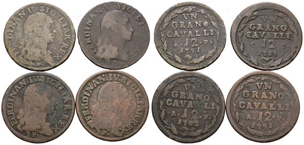 NAPOLI. REGNO DI NAPOLI. Ferdinando IV di Borbone (1759-1799 I per.). Lotto di 4 monete da 12 cavalli 1789, 1791, 1792, 1793. Cu; Conservazioni varie