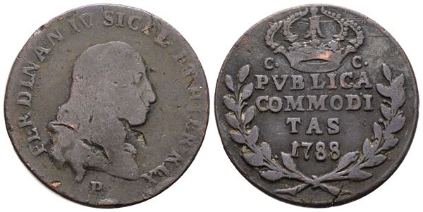 NAPOLI. REGNO DI NAPOLI. Ferdinando IV di Borbone (1759-1799 I per.). Publica 3 tornesi 1788. Cu; 9gr; Gig.129; RR; MB+