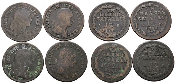 NAPOLI. REGNO DI NAPOLI. Ferdinando IV di Borbone (1759-1799 I per.). Lotto di 4 monete da 12 cavalli. Cu; Date e conservazioni varie