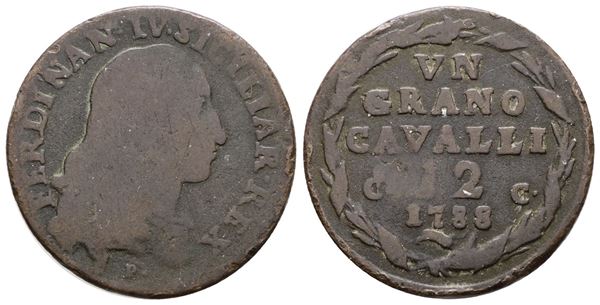 NAPOLI. REGNO DI NAPOLI. Ferdinando IV di Borbone (1759-1799 I per.). Grano 12 cavalli 1788. Cu; 6gr; Gig.137; Raro; MB