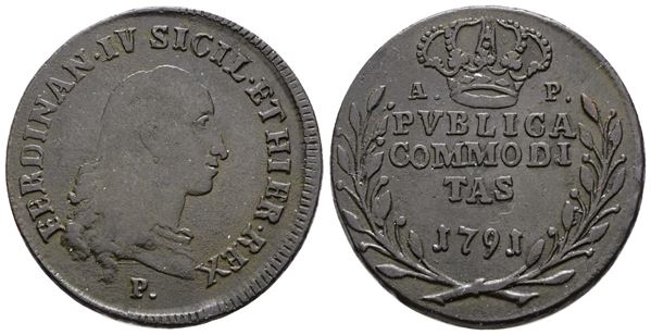 NAPOLI. REGNO DI NAPOLI. Ferdinando IV di Borbone (1759-1799 I per.). Publica da 3 tornesi 1791. Cu; 9,5gr; Gig.132; NC; BB+